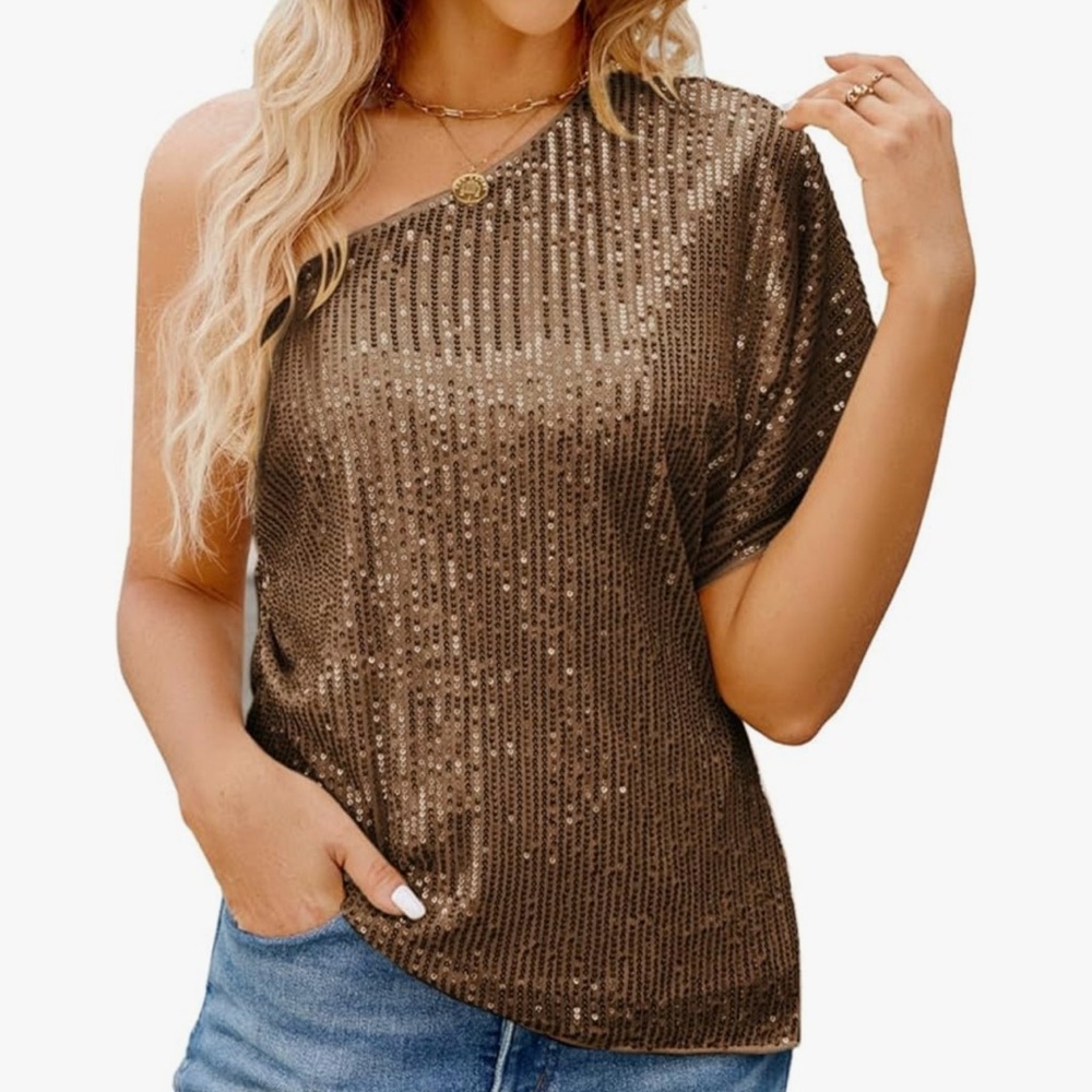 JASAMBAC Women Sparkle Sequin One Shoulder Top